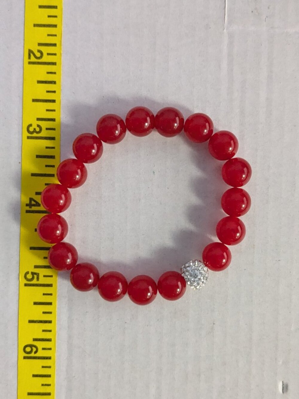 Red Glass Stone Pave Rhinestone Beaded Stretch Bracelet
